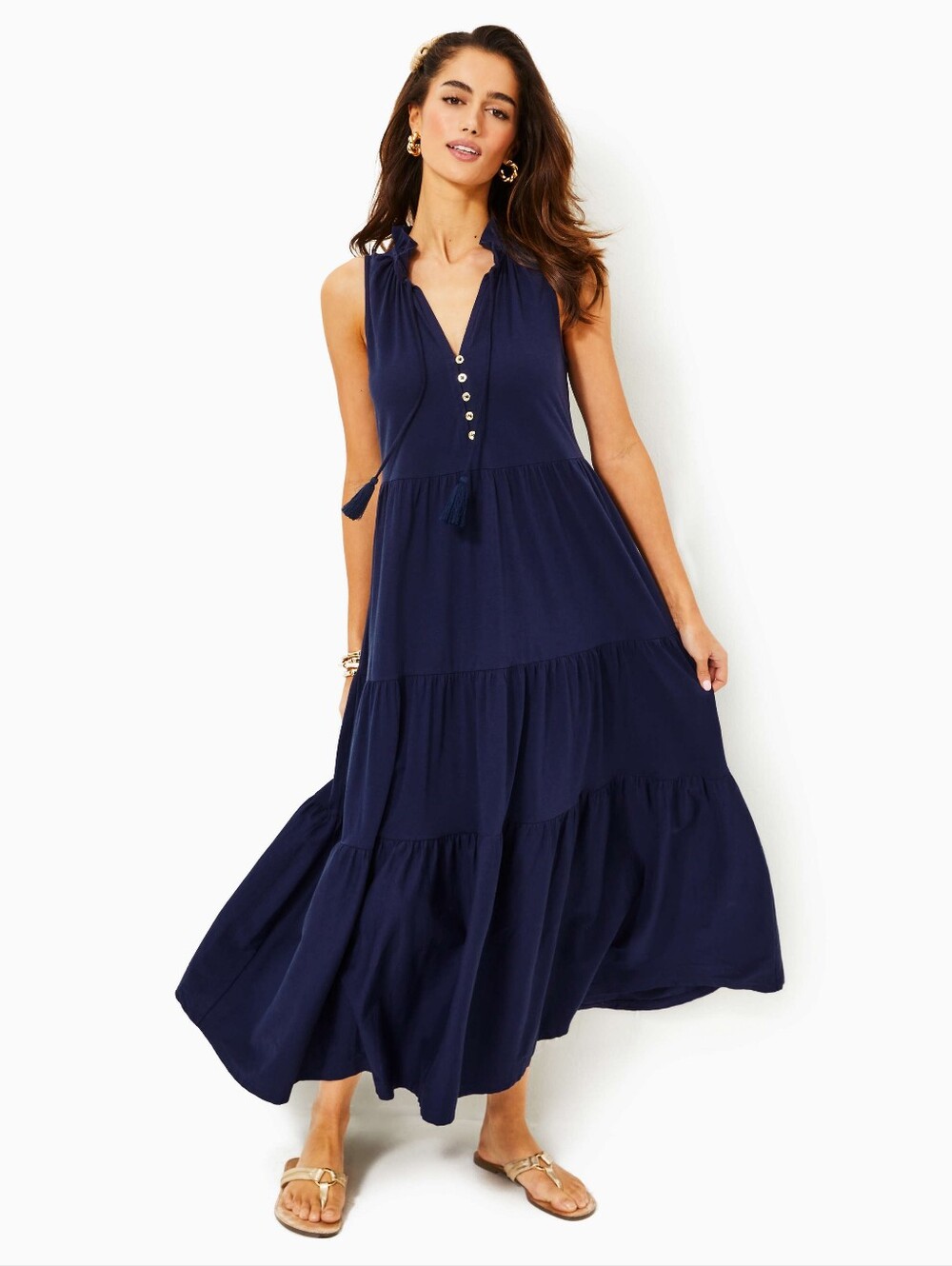 Lilly Pulitzer Malone True Navy Sleeveless Tiered Maxi Dress- Size XL